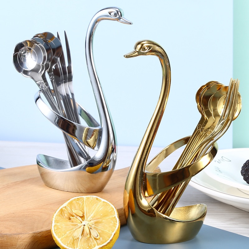 Stainless Steel Swan Dinnerware Set Gold Fruit/Dessert Cutlery Set For Swan Base Holder Silver Leaf Forks Portable Teaspoon