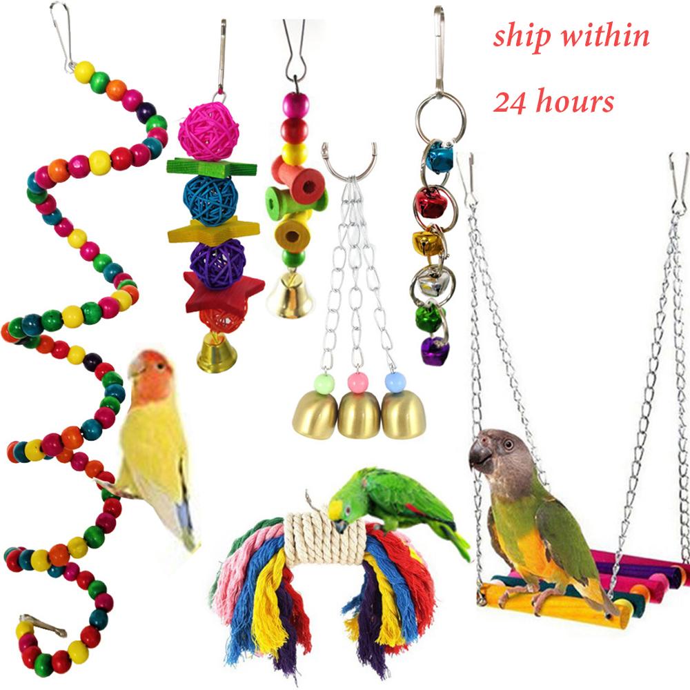 7Pcs Papegaai Speelgoed Vogel Swing Blokken Katoenen Touw Kanarie Kauwen Speelgoed Opknoping Brug String Met Kleurrijke Naaien Bells