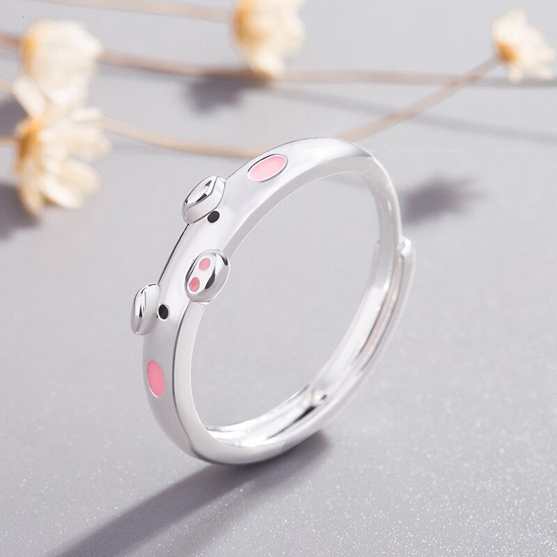 Anillo de plata con orejas de gato para mujer y niña, anillo ajustable con abierto, joyería bonita, ,: pig pink