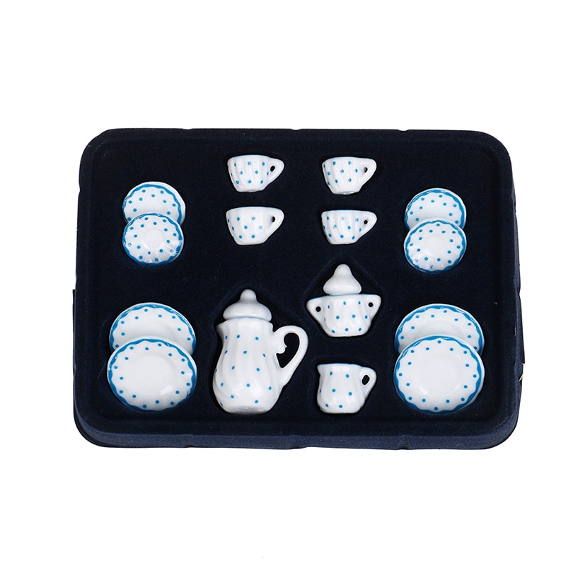 15Pcs 1/12 Doll house Miniature Blue Flower Patten Porcelain Coffee Tea Cups Ceramic Tableware Kitchen Accessories