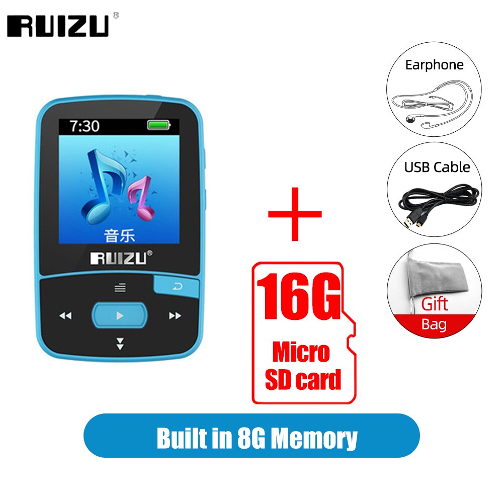 RUIZU X50 Sport lettore MP3 con Bluetooth 8GB Mini Clip Music lettore Audio supporto Radio FM registratore EBook orologio pedometro Video: 8G Blue Add 16G Card