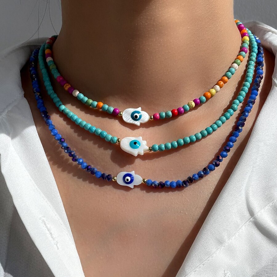 JUST FEEL Evil Eye Beads Chain Necklace For Women Handmade Colorful Beaded Irregular Stone Choker Necklace Trendy Jewelry