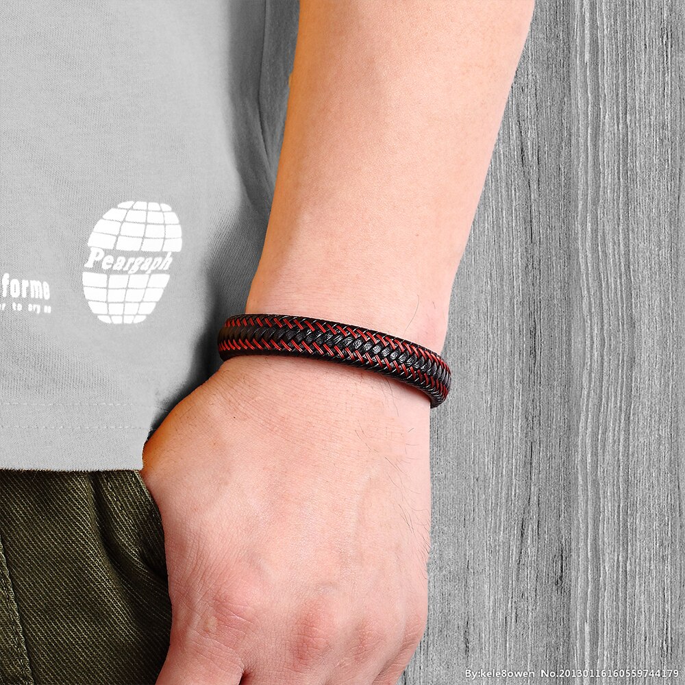 Trendy herre smykker rødt flettet læder reb armbånd sort magnetisk spænde armbånd punk armbånd herre
