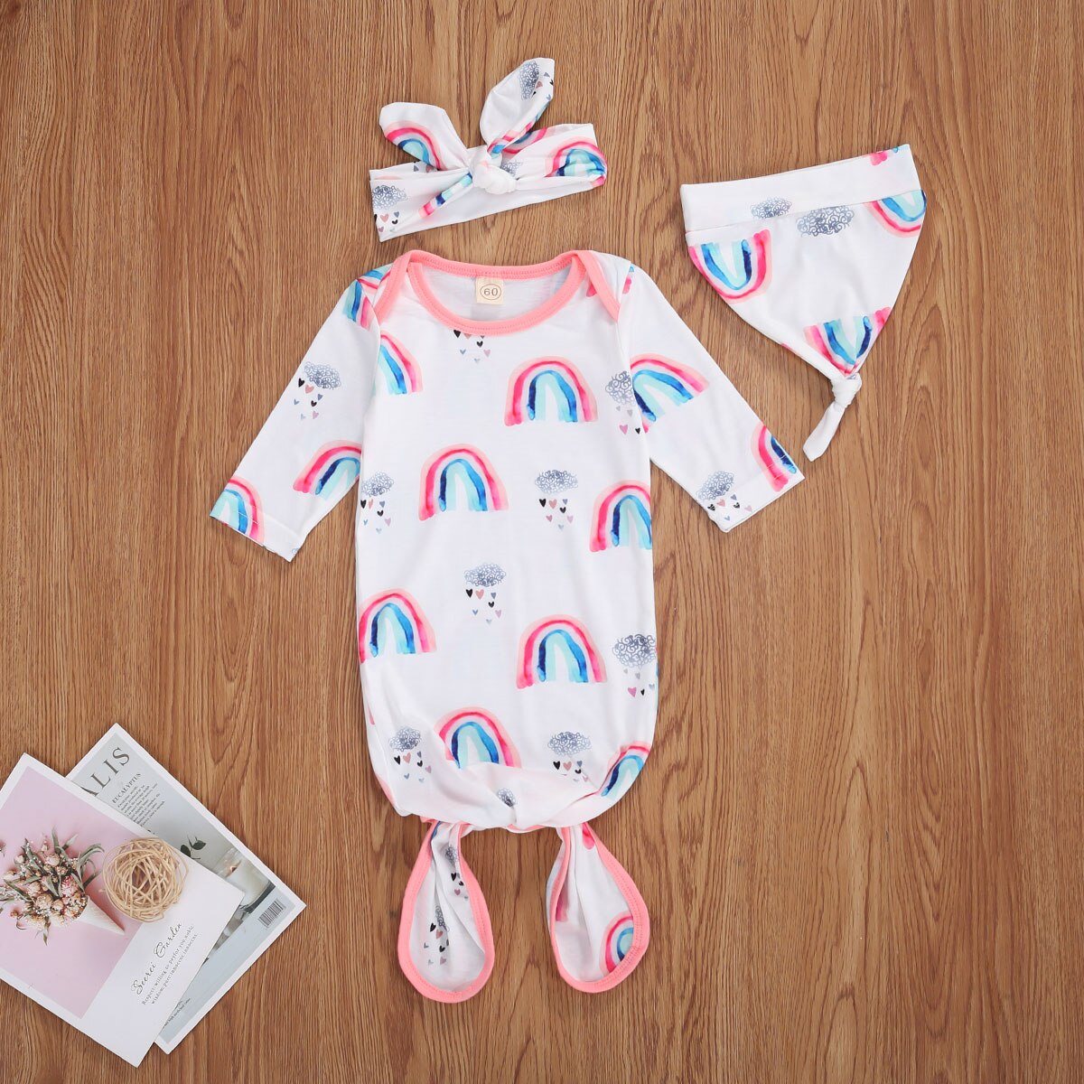 0-9M Pasgeboren Baby Meisjes Jongens Nachtkleding Hoofdband Rainbow Print Lange Mouwen Katoenen Deken