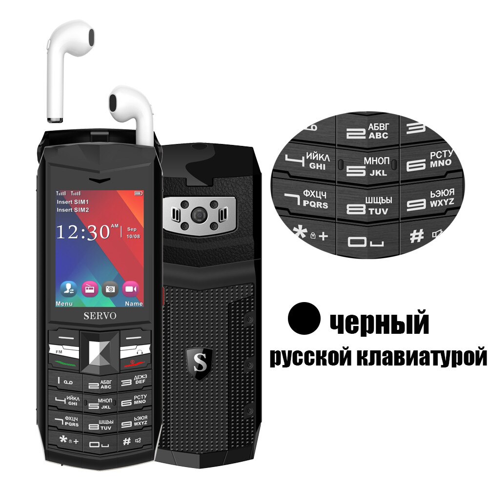 Original SERVO R26 2.4 "praktisch mit TWS 5,0 Bluetooth drahtlose kopfhörer 3000mAh Energie Bank GSM GPRS 2 SIM Karte Handys: hinzufügen 8GB TF Karte / Schwarz Russisch Taste