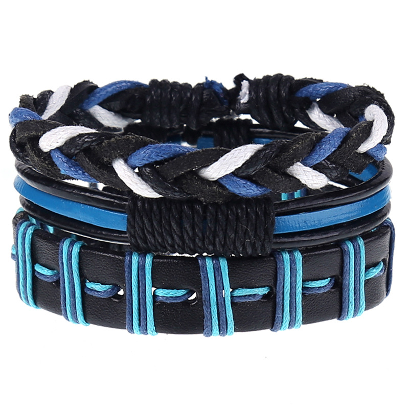 Style 3pcs/set Wrap Bracelets Men Charm Blue Leather Rope Brazalete Cuir Homme Handmade Adjustable Braslet Pulseras Joyas