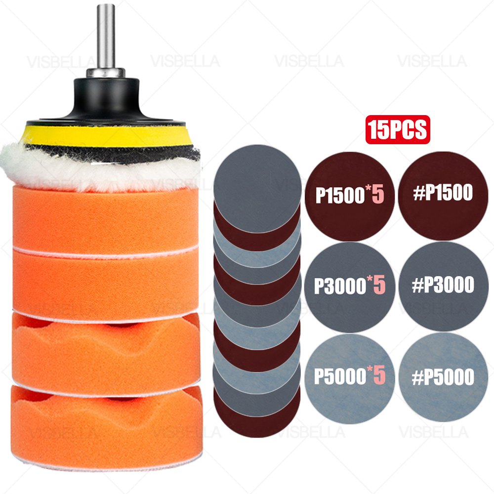 3Inch Car Polishing Kit Sponge Foam Pad Auto Headlight Wheel Polisher Polishing Refurbish Abrasive Disc Sandpaper Buffing Pads: package 18