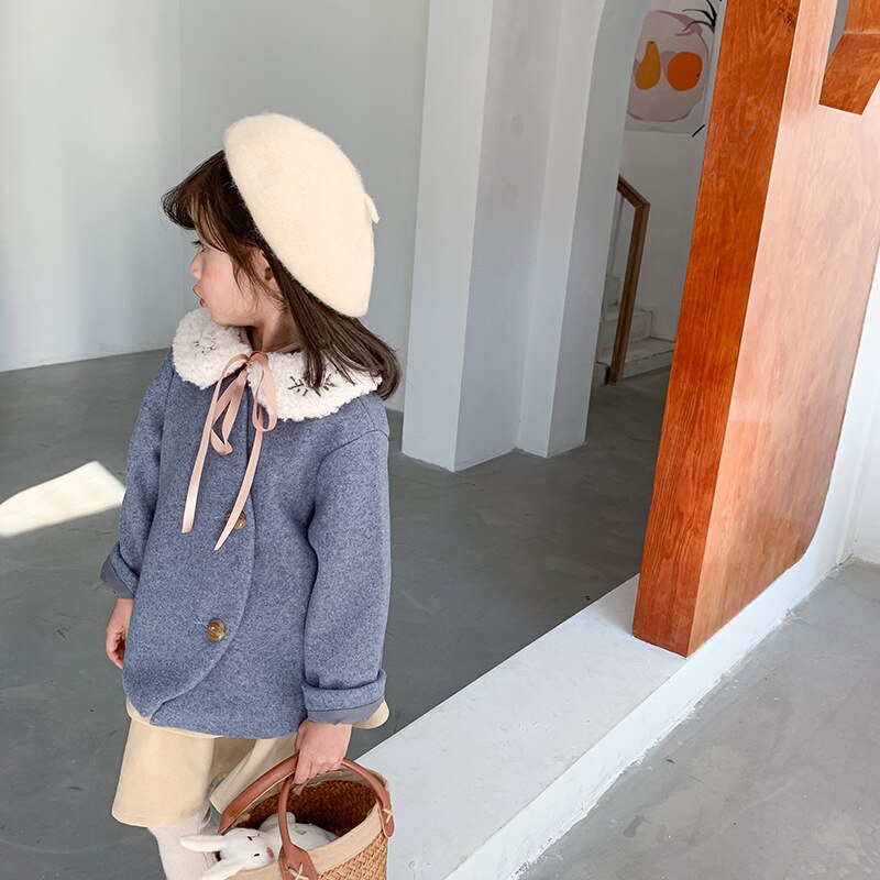 Manteau duffle-coat chic pour filles coréennes automne et hiver veste à col rond pour enfants vêtements manteau surdimensionné pour enfants sans col en flanelle: Bleu / 5t