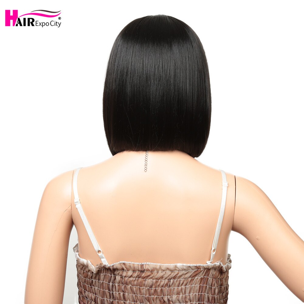Peluca corta de pelo liso de 14 pulgadas con encaje frontal sintético, resistente al calor, con raya lateral y cabello negro, expo city.