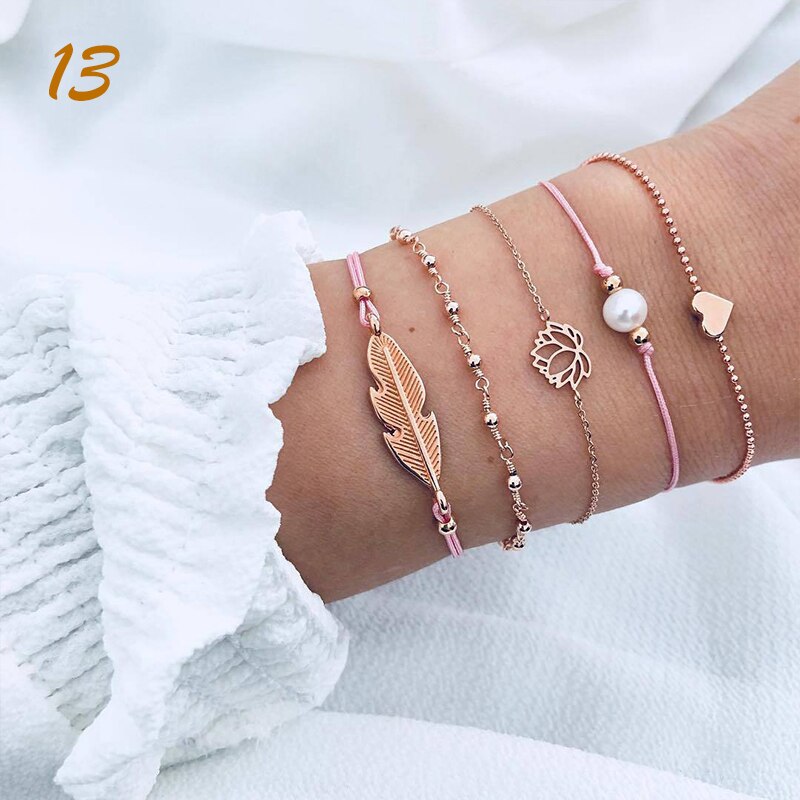 4 unids/set Bohemia Vintage pulseras para las mujeres de la joyería de Boho granos geométricos de la mano de la cadena encanto pulsera brazaletes conjunto Набор: 13