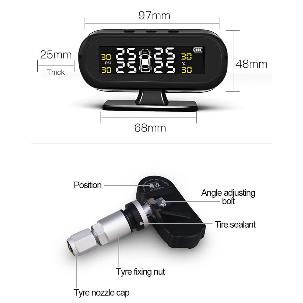 Tire Pressure Monitoring System Solar TPMS Temperature Warning Fuel Save With 4 External Sensors Car Tyre Pressure Monitor