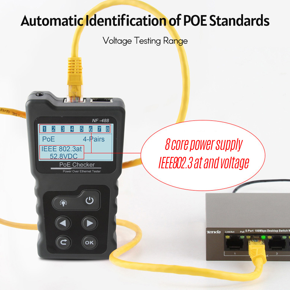 NF-488 Poe Checker Netwerk Kabel Breaker Finder RJ45 Netwerk Kabel Continuïteit Tester Met Loop Test/Power Test/Verlichting functie