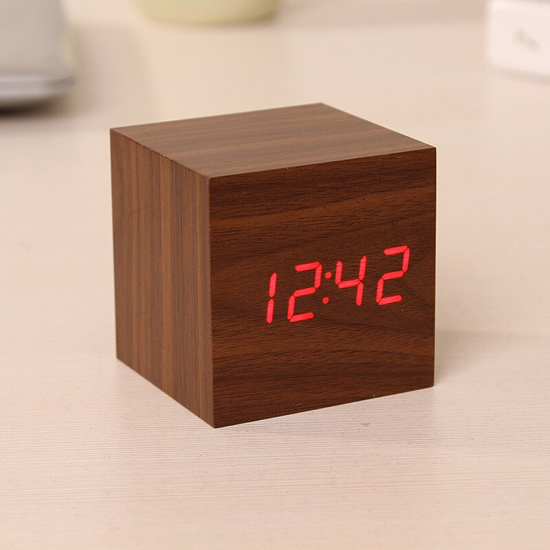 1Pcs Moderne Houten Houten Vierkante Led Wekker Multicolor Sound Control Horloge Tafel Voice Control Kalender Thermometer Display