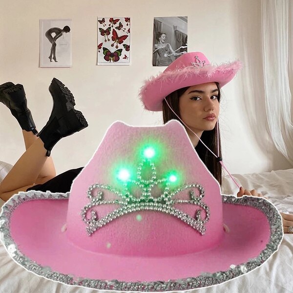Led Pink Cowboy Cowgirl Hat Western Tiara Cowgirl Hat for Women Girl Tiara Cowgirl Hat Cowboy Cap Costume Party Dress Up