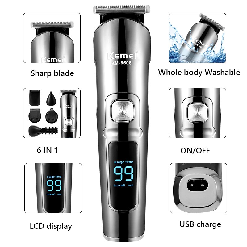 Professionele Tondeuse Waterdicht 6 In 1 Tondeuse Elektrische Haar Snijmachine Baard Trimmer Body Voor Mannen Kapsel