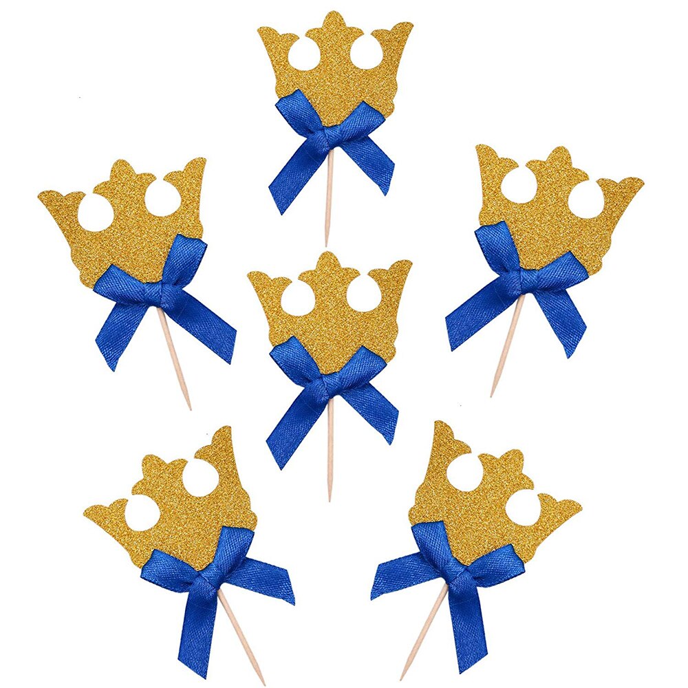 10pcs/lot Glitter Prince Crown Cupcake Topper Pick Cartoon Baby Kids Boy Girl Birthday Party Decorations