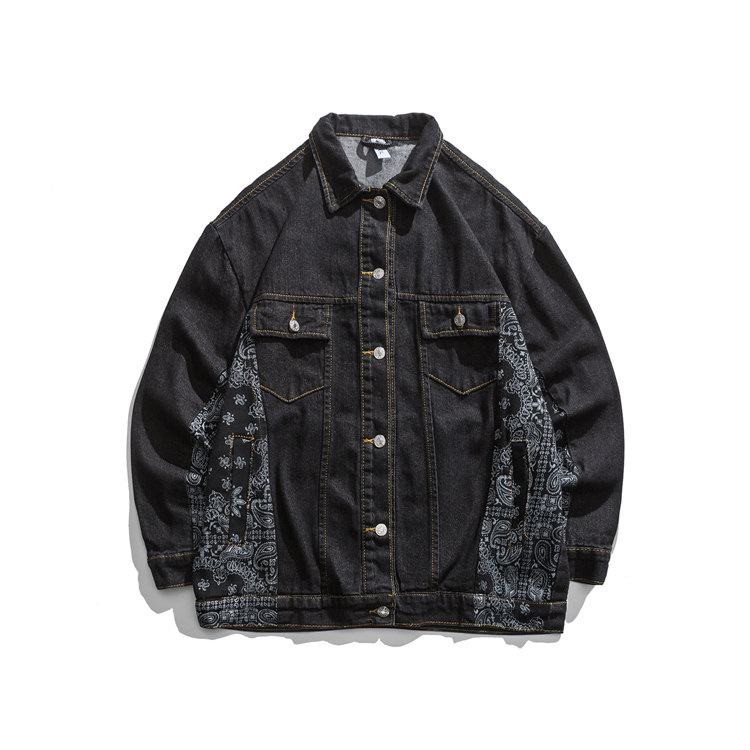 Chaqueta vaquera con estampado de flores de anacardo para hombre y mujer, ropa informal de algodón estilo Hip Hop, con retazos de bloque de Color, para otoño,: Negro / M