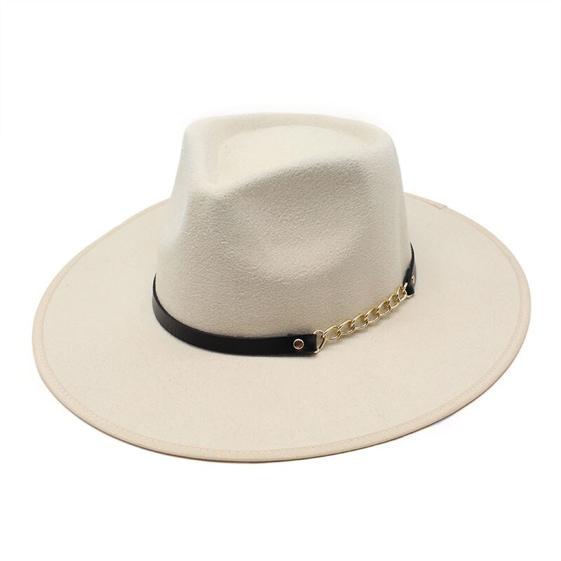 Chapeau en laine à large bord pour femme, chapeau avec chaîne de feuilles en métal, style Jazz, britannique, rétro, Fedora, à la , église, Panama, automne et hiver: Milky white / M 56-58CM