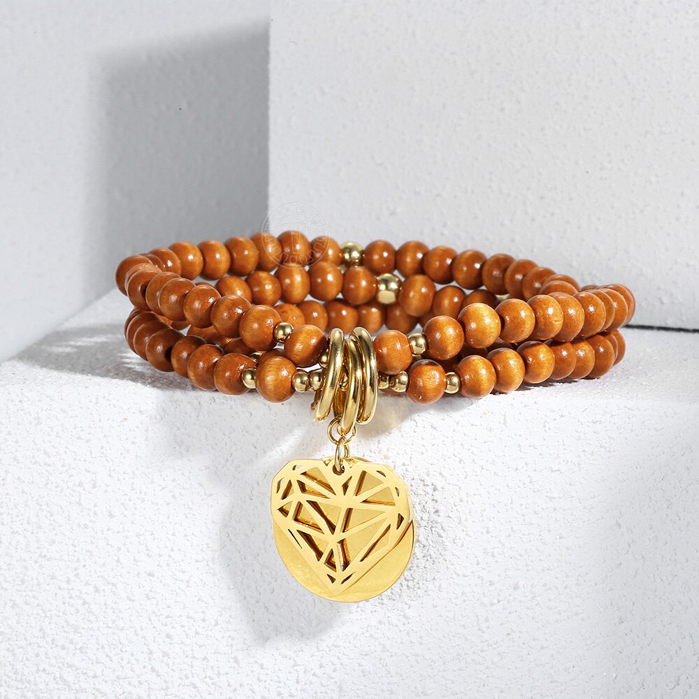 Graveren bedel hart liefde hanger armband dames heren houten meerlaagse houten streng kralen armband bohemien zomer  db284