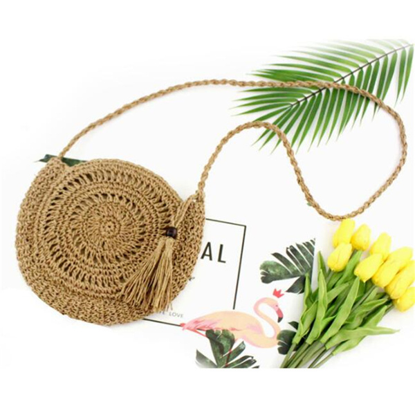 Gusure Rotan Hollow Geweven Ronde Vrouwen Stro Crossbody Tas Gebreide Zomer Strand Kwastje Handtas Vrouwelijke Kleine Schouder Tas: Khaki