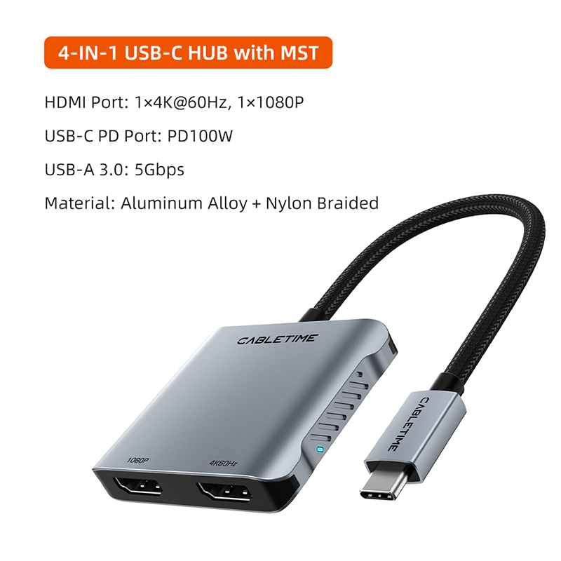 CABLETIME Centrum USB-C 4 w 1 MST z obsługą 4K60Hz, 5Gbps, PD100W, kompatybilny z MacOS, obsługa dwóch ekranów, dokujący adapter robić komputera prochowiec.: Default Title
