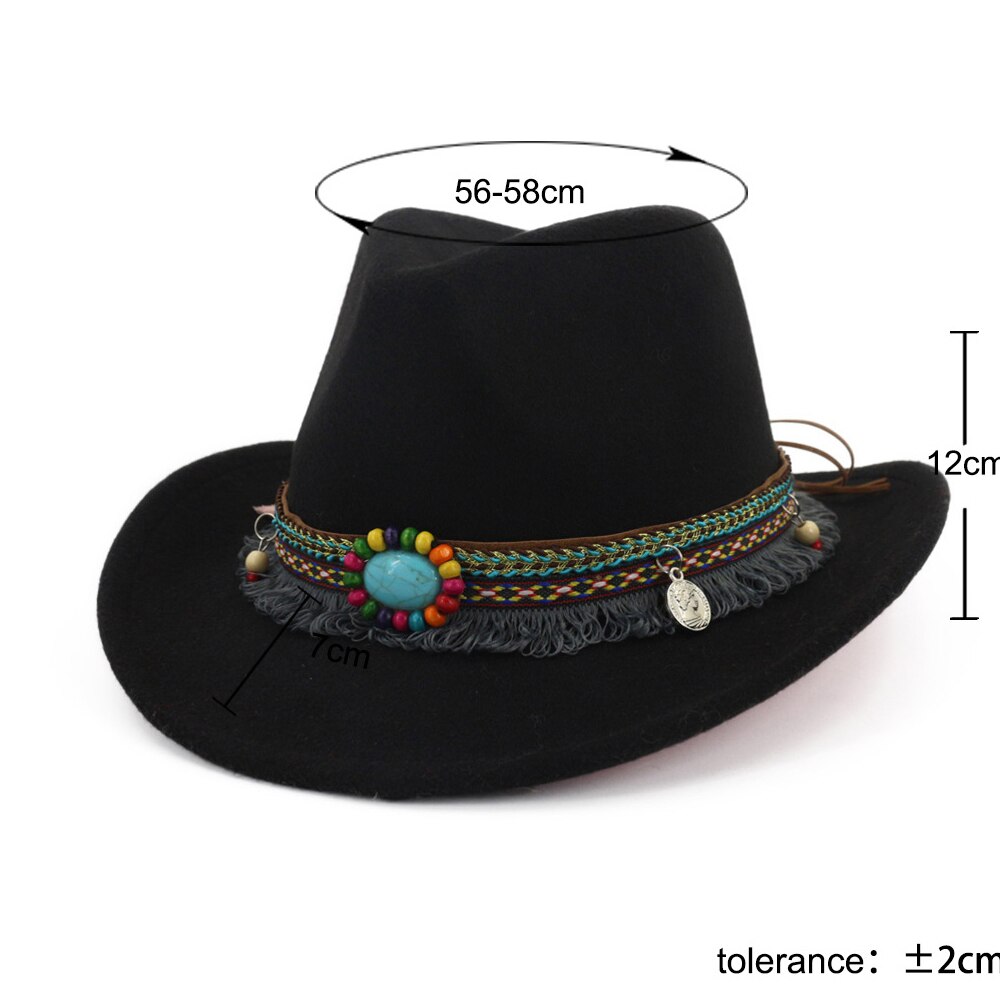 Mænd kvinder western cowboy fedora hat med kvastbånd pop bred kant hat jazz hat sort størrelse 56-58cm