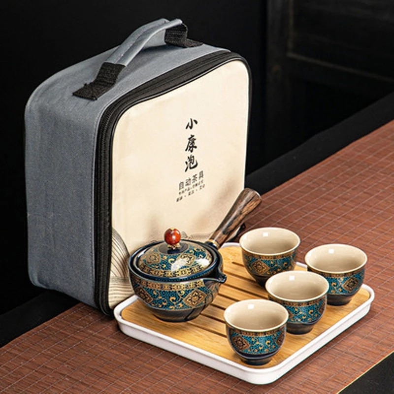 Chinese Porcelain Gongfu Tea Set with 360 Rotation Tea maker and Infuser for Gifting,Travel,Home,Outdoor,Office, Picnic Business: A-Style 1