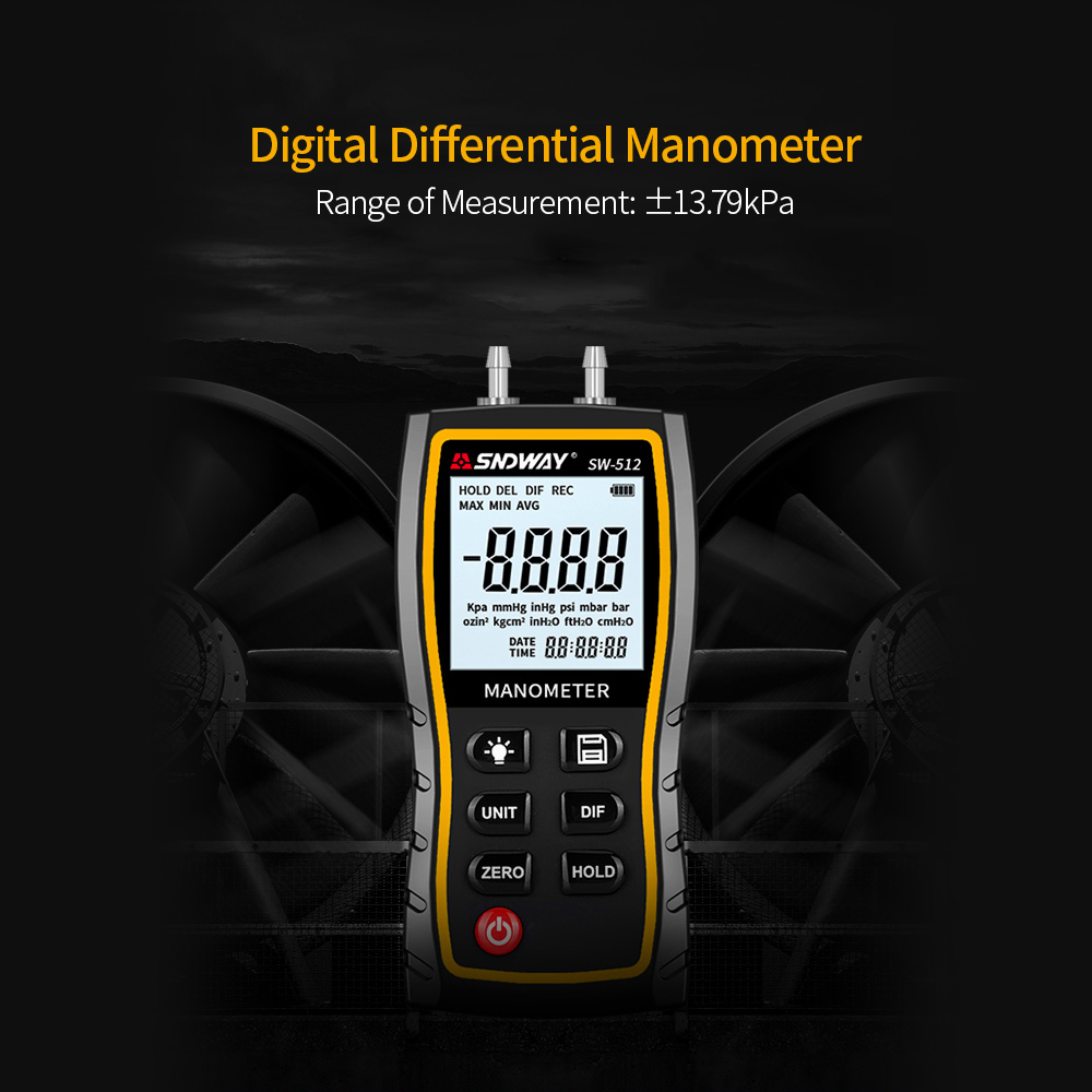 Manometer med høj præcision, manometer, digital dobbelt-port differentiel lufttryksmåler tester med 11 måleenheder