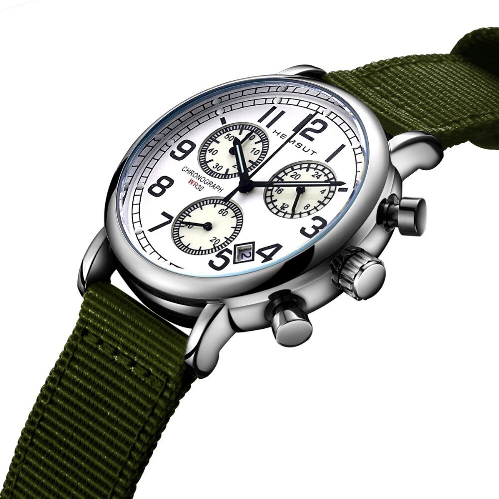 Hemsut, reloj deportivo de para hombre, relojes de pulsera luminosos de cuarzo con cronógrafo, correa de lona verde, reloj masculino