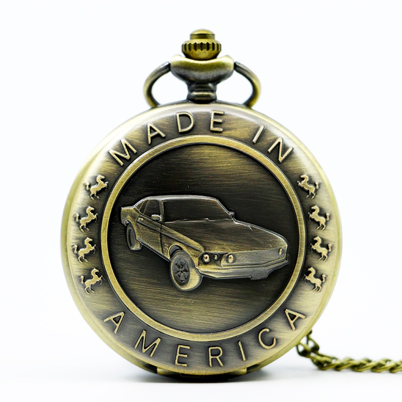 Brons Mustang Patroon Auto Quartz Zakhorloge Met Sleutelhanger Mannelijke Vrouwelijke Klok Reloj De Bolsillo # TD2040