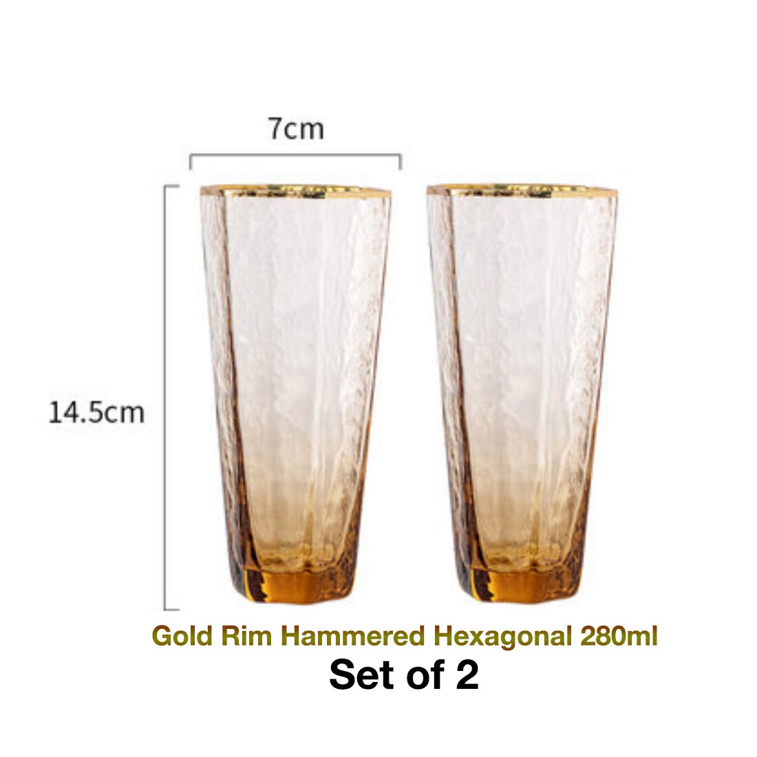 2 PCS Hexagonal Hammered Gold Rim Champagne Glass, Wine Glass,Whisky Glass, Water Glass Set of 2: 280ml set of 2