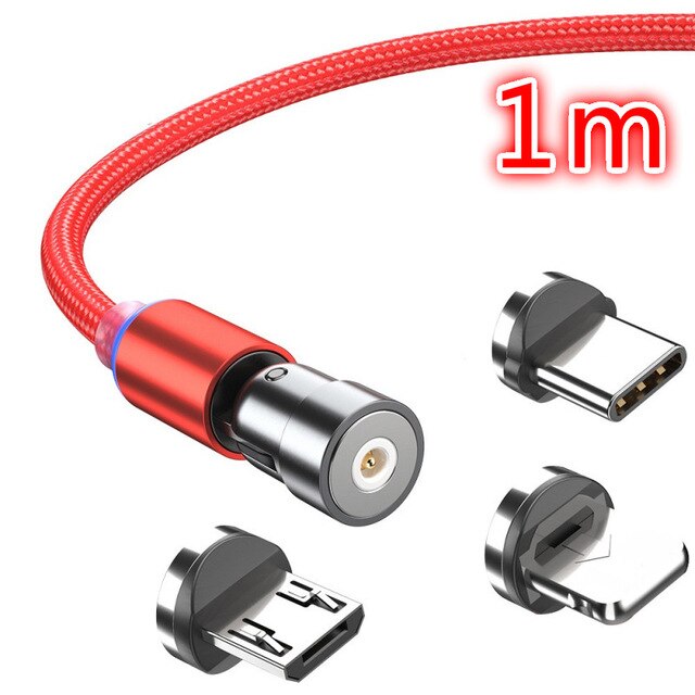 Cable magnético giratorio de 360 grados, Cable de carga USB tipo C, cargador magnético de carga rápida, Cable micromagnético giratorio de 540 grados: 1m Red 3 Plugs