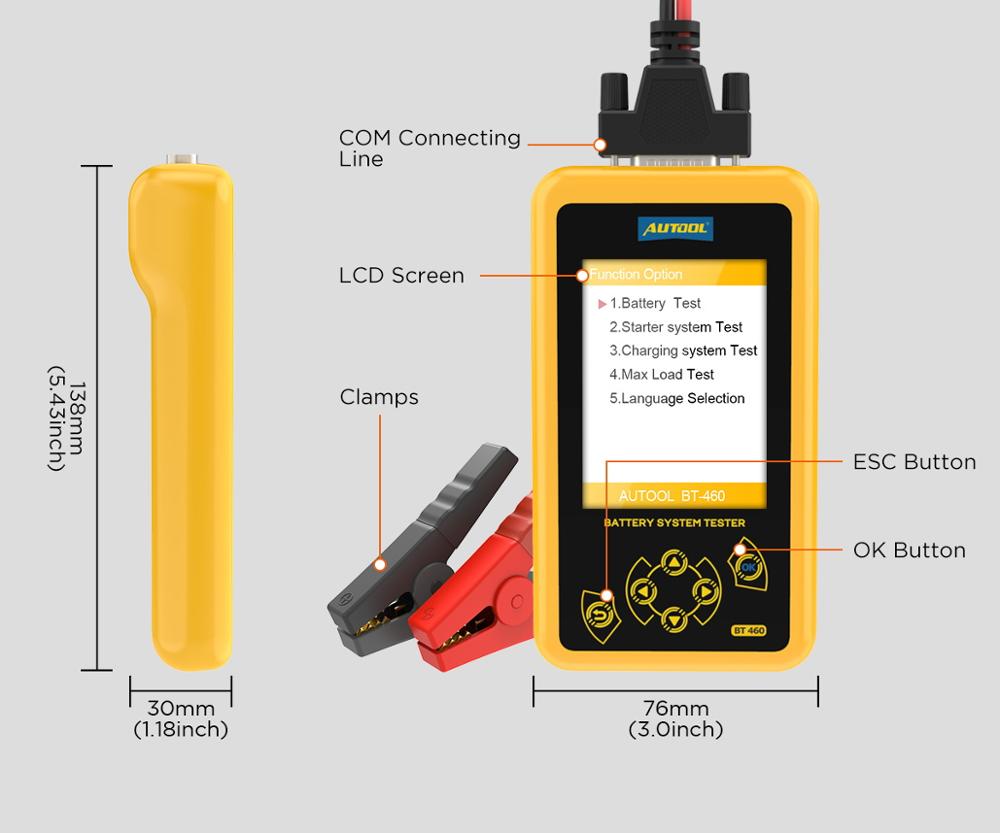 AUTOOL BT460 Car Battery Tester Automobile Battery Analyzer Load Tester Tester Machine Charging Starting Systems Tester 12V 24V