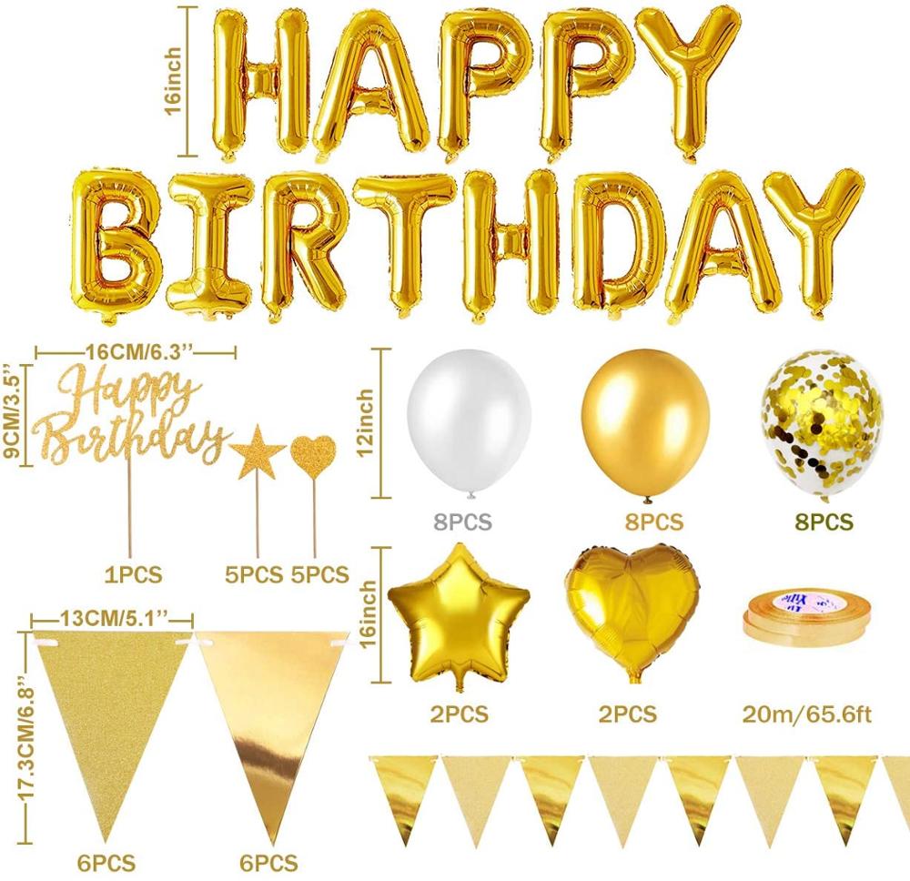 Gold birthday party decoration happy birthday banner balloon gold triangle logo bunting heart star confetti balloon cake top hat