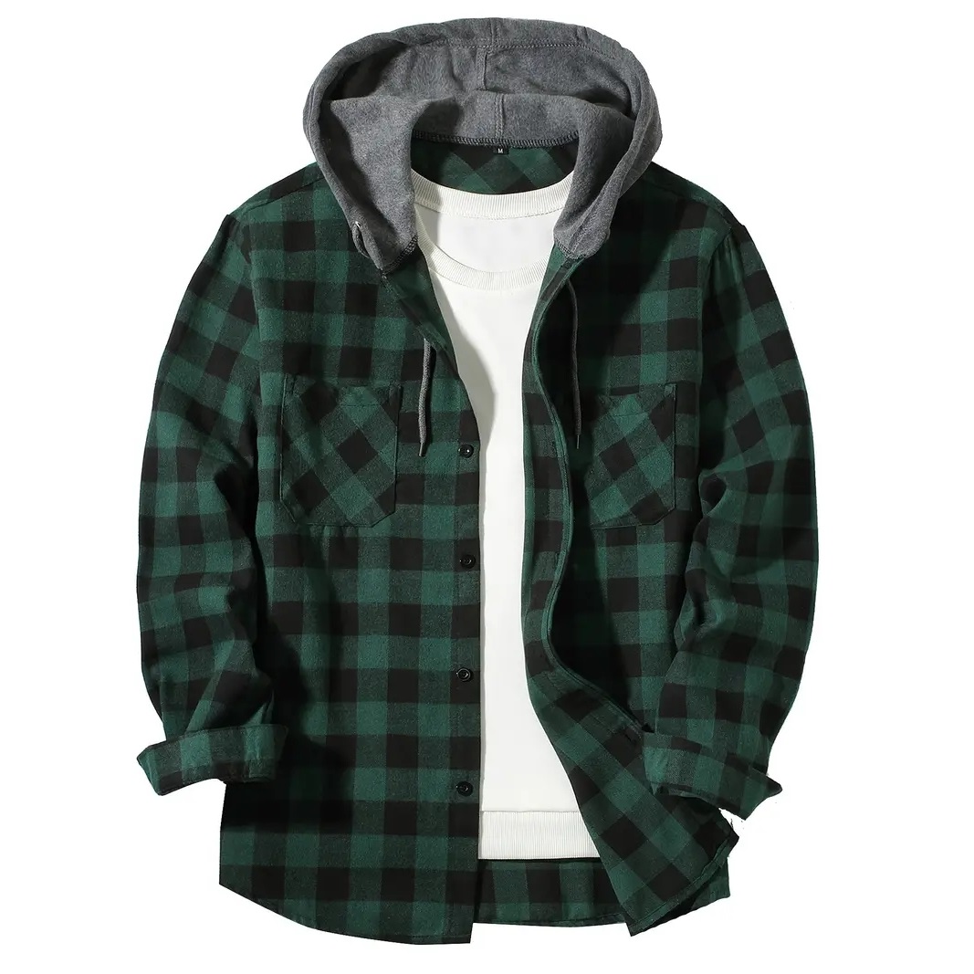 Herrenhemden, klassisch, kariert, lässig, Taste-Nieder-Kapuze, langärmelig, Doppeltaschen, Hemd, Kapuzenpullover, Flanelljacke, Frühlings- und Herbstoberteile: XXXL / Grün