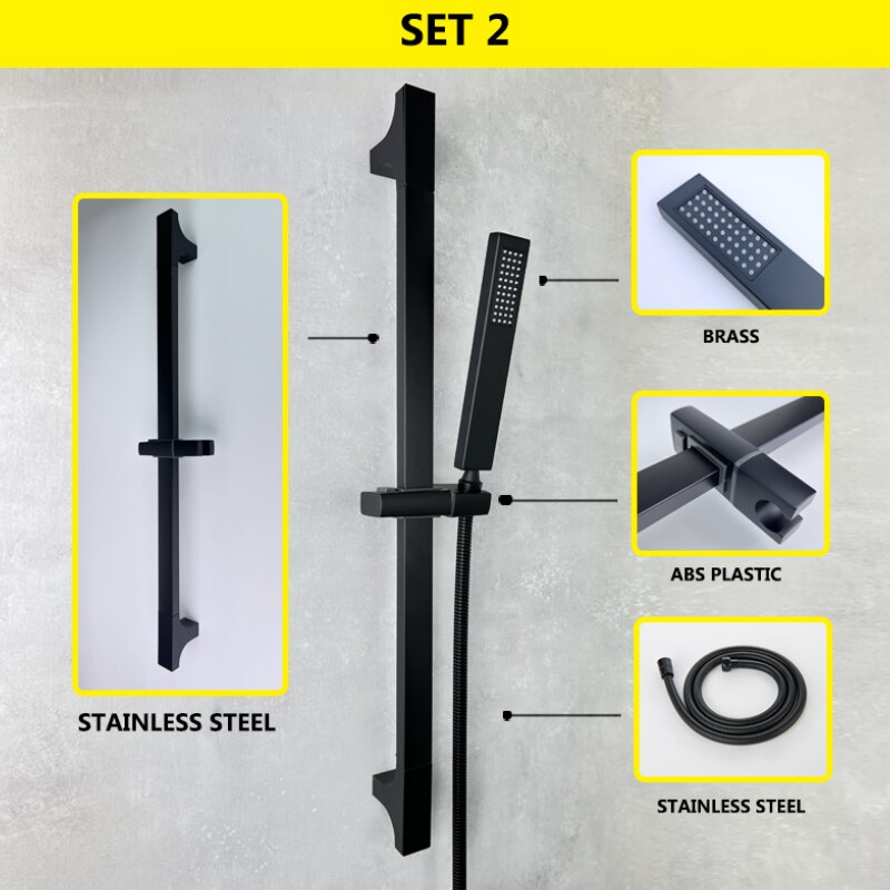 Ensemble de barre coulissante 1/2/3 fonctions laiton ABS plastique douche à main noir mat acier inoxydable barre réglable accessoires de salle de bains: Set 2