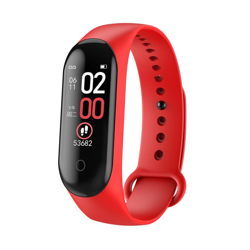 M4 Smart Sports Bracelet Fitness Tracker Health Heart Rate Blood Pressure Monitoring IP67 Waterproof Bluetooth Pedometer Watch: Red