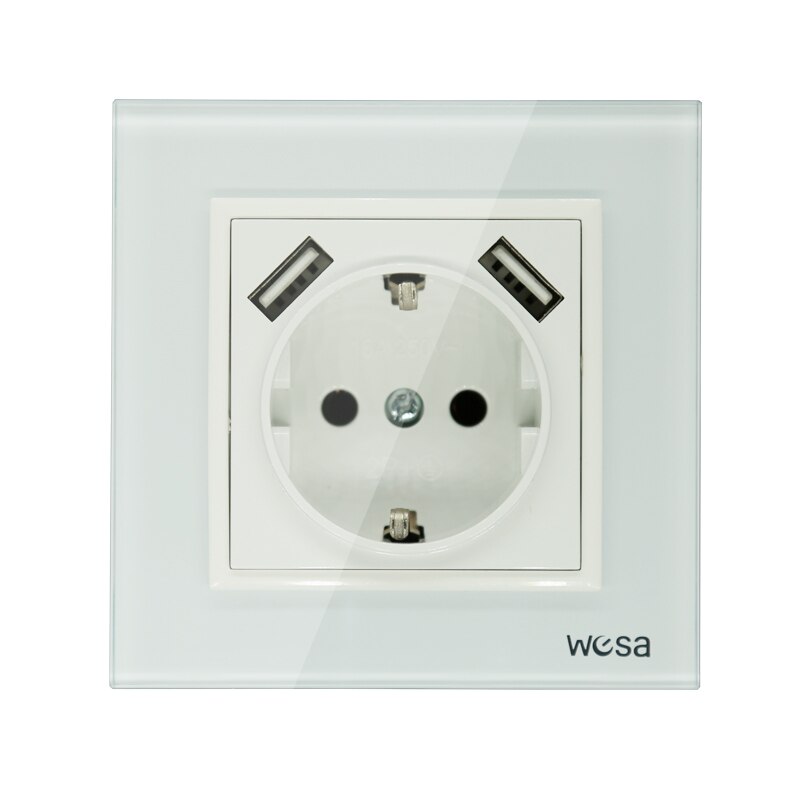 Enchufe de pared decorativo USB doble, , 5V, 2A, marco de vidrio templado dorado, FB-19,: White
