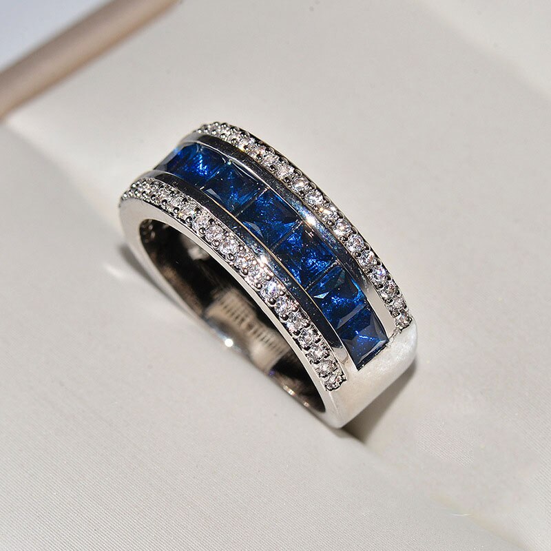 Authentic 925 Sterling Plata Finger Rings with Round Blue Square Cubic Zirconia Crystal Wide Ring for Women Wedding Jewelry