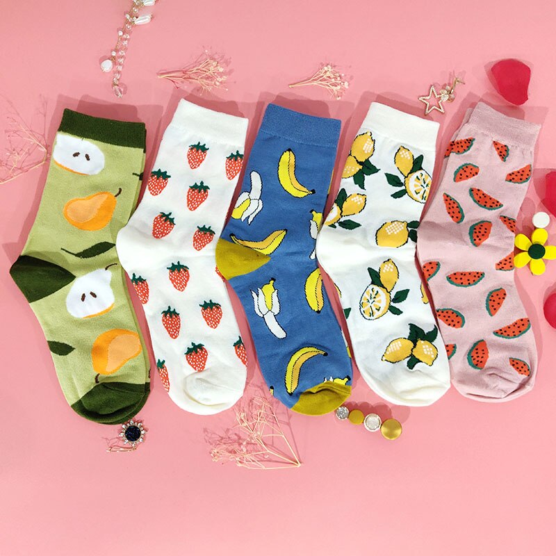 5 Paires/pack Happy Socks D'avocat Sushi Omelette Burger Pomme Nourriture Drôle Coton Chaussettes Femmes Chaussette Longue Hiver Femme: 5 Pairs-10