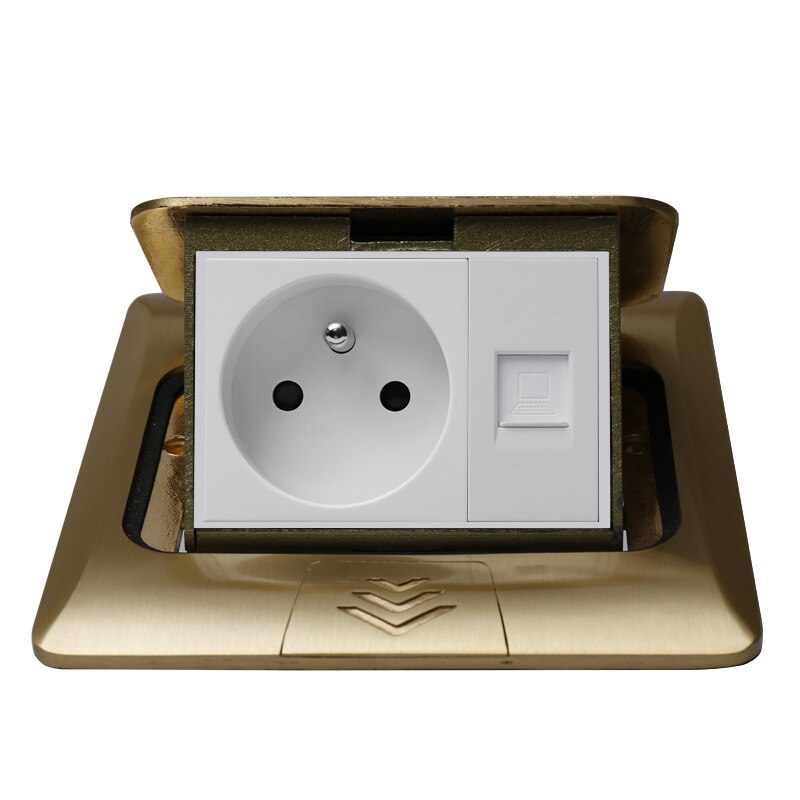 KEKA All copper Gold Panel slow Pop Up Table Floor Socket 16A French Standard Power Outlet With computer network rj45