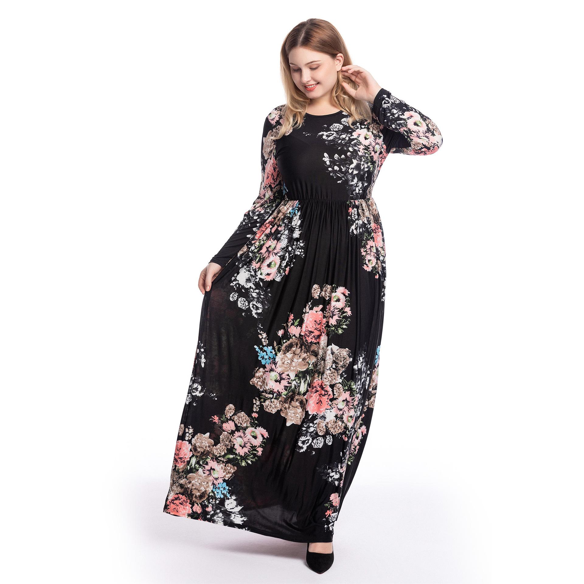 Plus size boho blomsterprint maxi lang kjole til kvinder festkjole draperet langærmet muslimsk casual malaysia oman kjoler