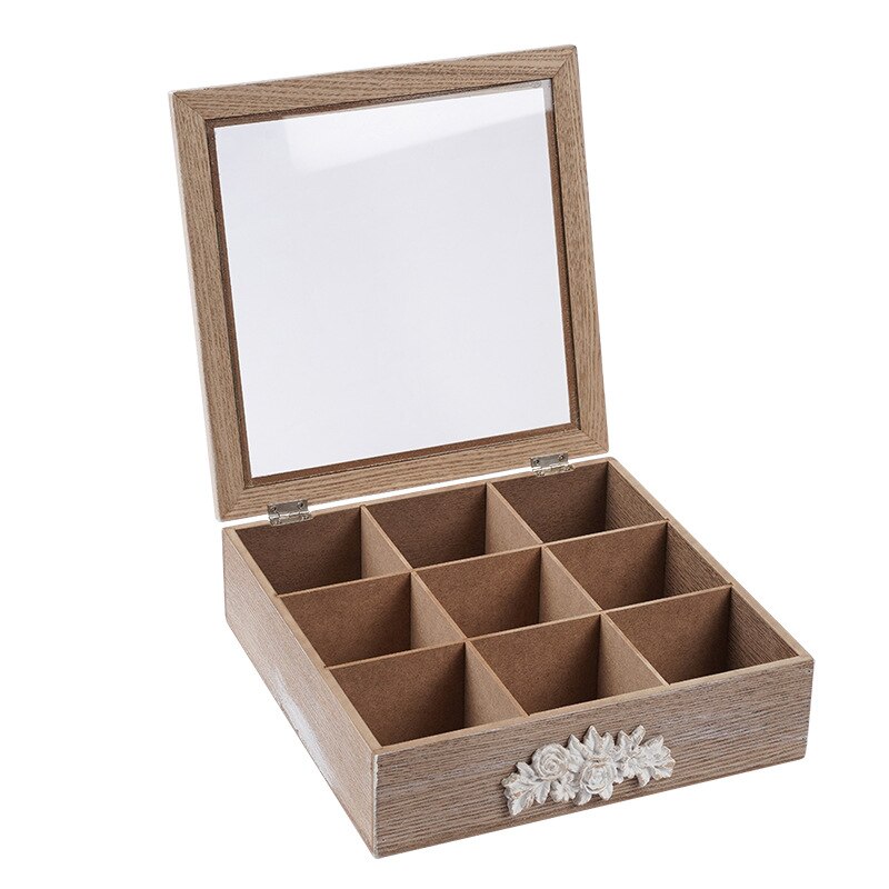 Wooden Tea Organizer for Tea Bags - Wooden Tea Chest with 9 Compartments - Clear Top Window - Lid Stays Open: Brown