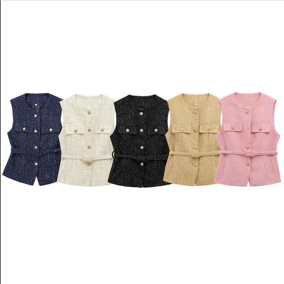 Damen-Tweed-Weste mit Gürtel, O-Ausschnitt, ärmellos, Knopfleiste vorne, Jacken, Damen-Oberbekleidung, schicke Oberteile, modischer Mantel