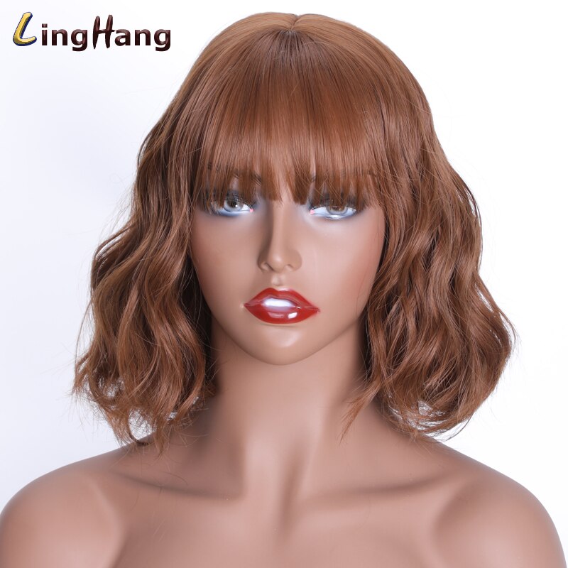 Linghang kortbølgebånd pannelugg parykk 15 farger høytemperatur syntetisk parykk egnet til hvite/svarte kvinner: 10-12-30