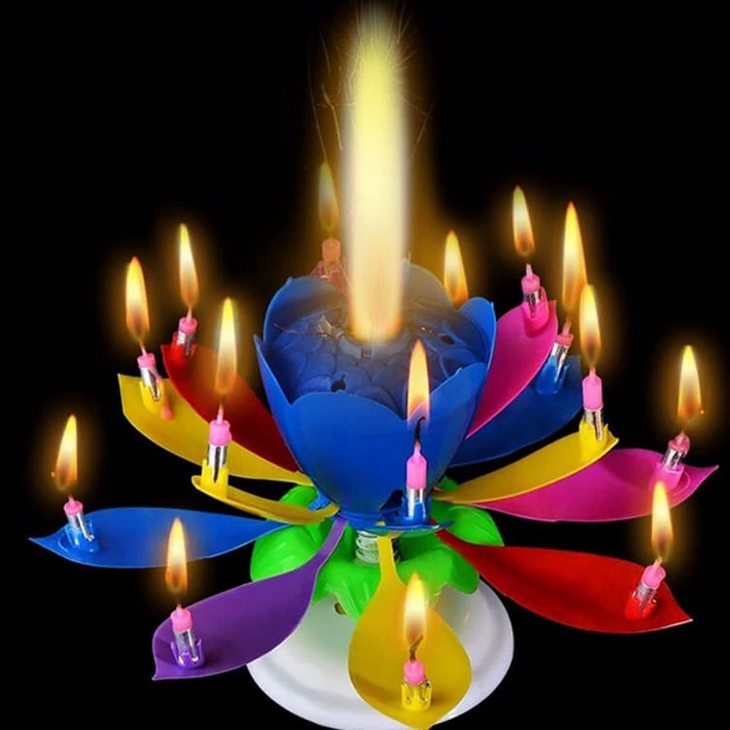 Double Lotus Music Candle Double Flower Blossom Birthday Cake Flat Rotating Electronic Rotating Lotus Candle for Kids Party