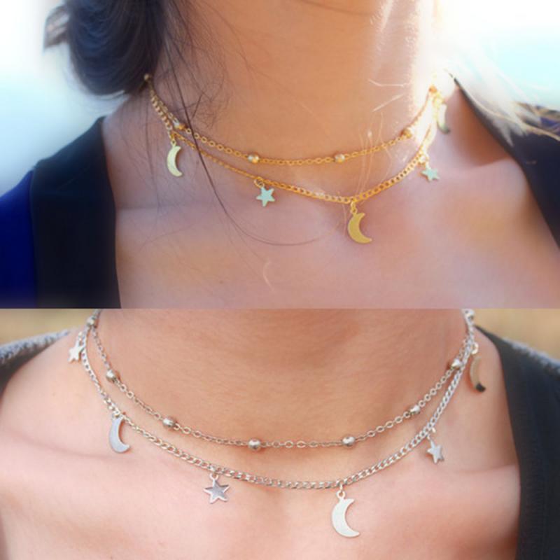 Multi-Layer Moon Stars Choker Necklace Stainless Steel Pendant Necklace Star Gold Necklace Women Choker Necklaces