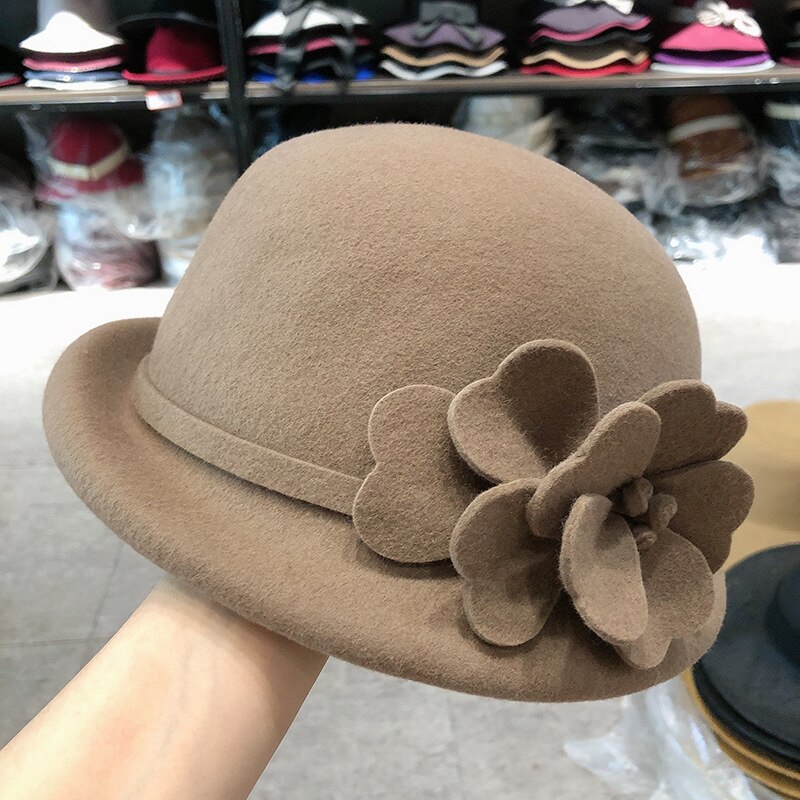 Sombrero Fedora con flores para mujer, sombrero de lana de 100% estilo inglés, Estilo Vintage, Boina de pintor francés,: Khaki