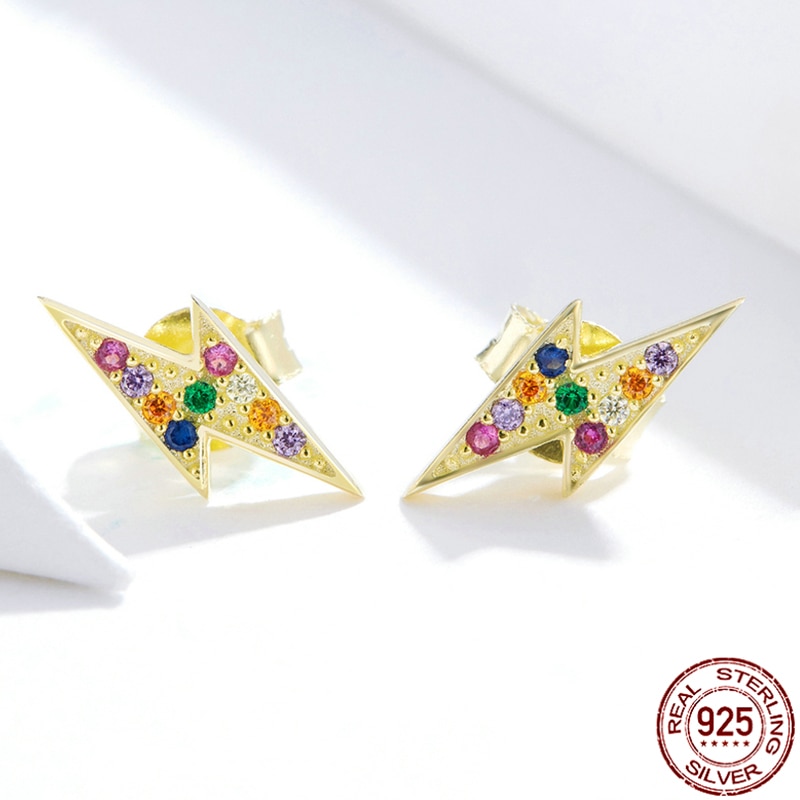 pendientes de tuerca con Flash para mujer, de Plata de Ley 925 auténtica, Color dorado y plateado, joyería, aretes pequeños para