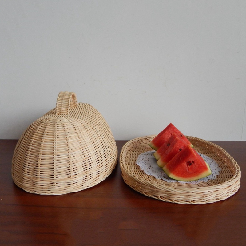 Rattan Storage Tray with Cover Hand-Woven Wicker Baskets Bread Fruit Food Breakfast Display Box for Food Fruit Cake